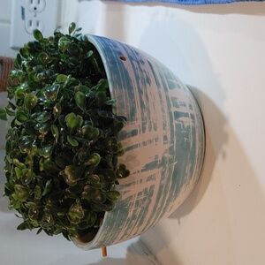 Ceramic Bowl/Planter Tye Die Teal  & White 7.5" x 4" EUC Retro